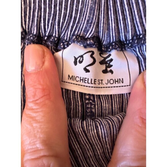 Michelle St. John Striped Wide-Leg Cotton Pants One Size Blue & White Elastic Wa - Picture 3 of 5